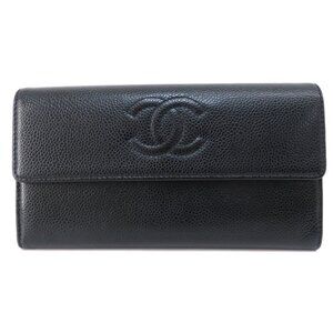 CHANEL Authentic Black Caviar Leather Logo Wallet